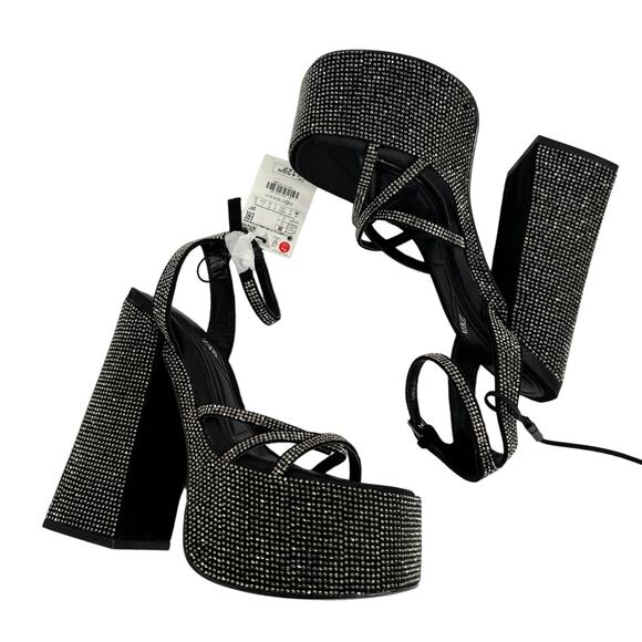 Zara Rhinestone Chunky High Heeled Platform Sandals Black & Silver Size 6 - Picture 8 of 12